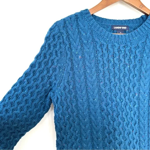 Lands' End Women's Blue Cable Knit Sweater, high-low hem, loose fit - Picture 3 of 9